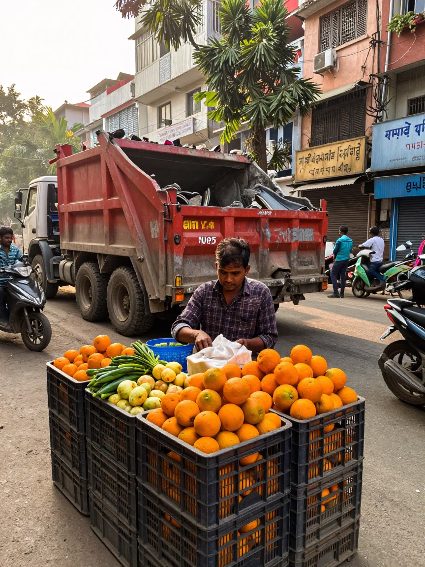 Colorful Hyderabad Street Scene Late Morning with Demolition Dumpster and Local Commerce in in Hyderabad, India