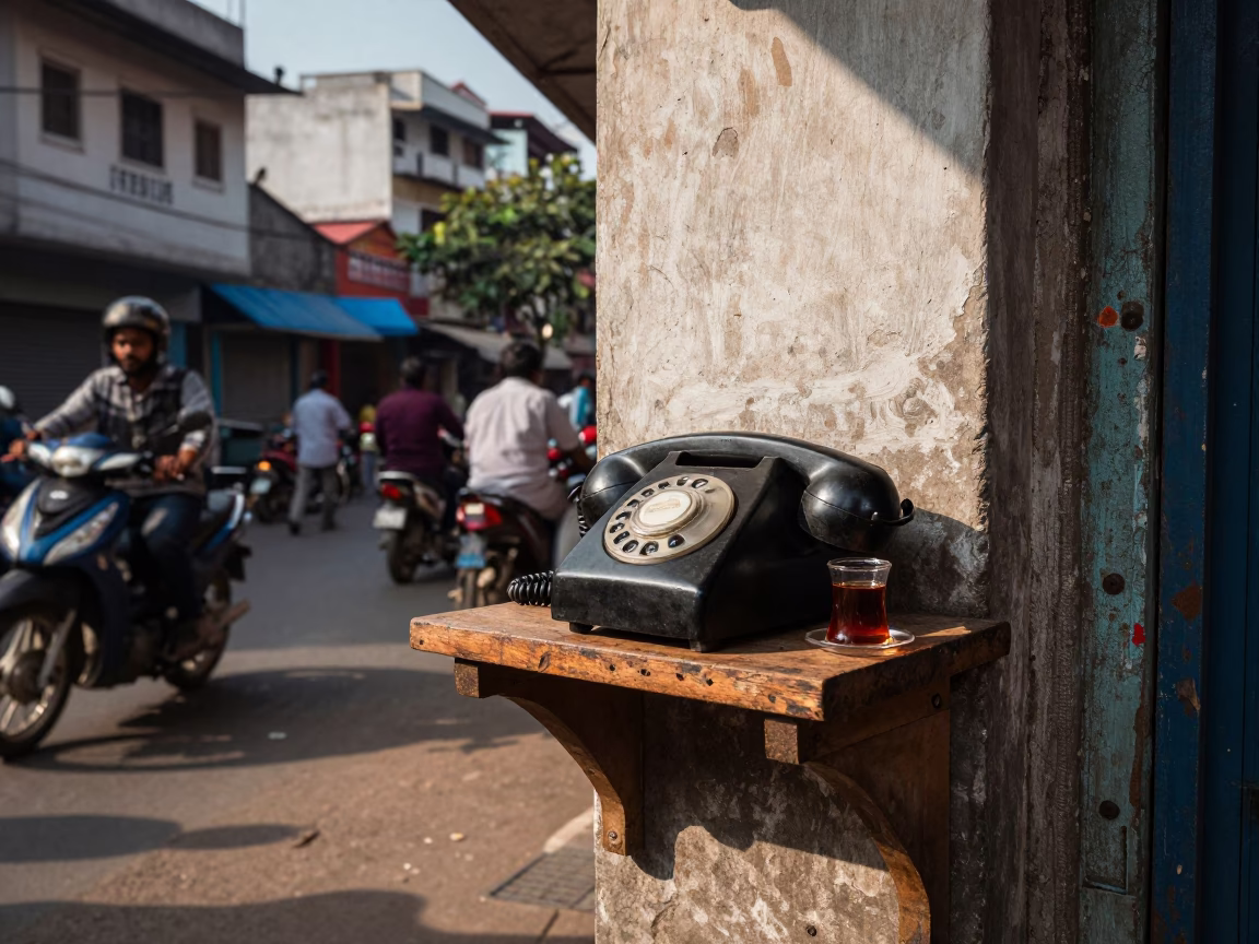 Colorful Hyderabad Street Scene Late Morning with Vintage Telephone and Leaf Shadows in in Hyderabad, India