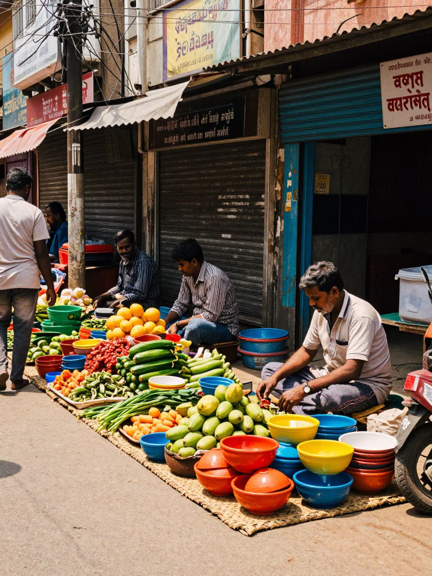 Colorful Hyderabad Street Scene Midday with Local Vendors and Traditional Architecture in in Hyderabad, India