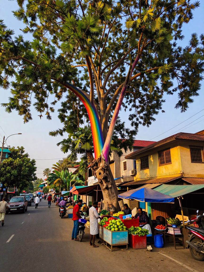 Colorful Hyderabad Street Scene with Rainbow Eucalyptus Tree in Early Afternoon in in Hyderabad, India