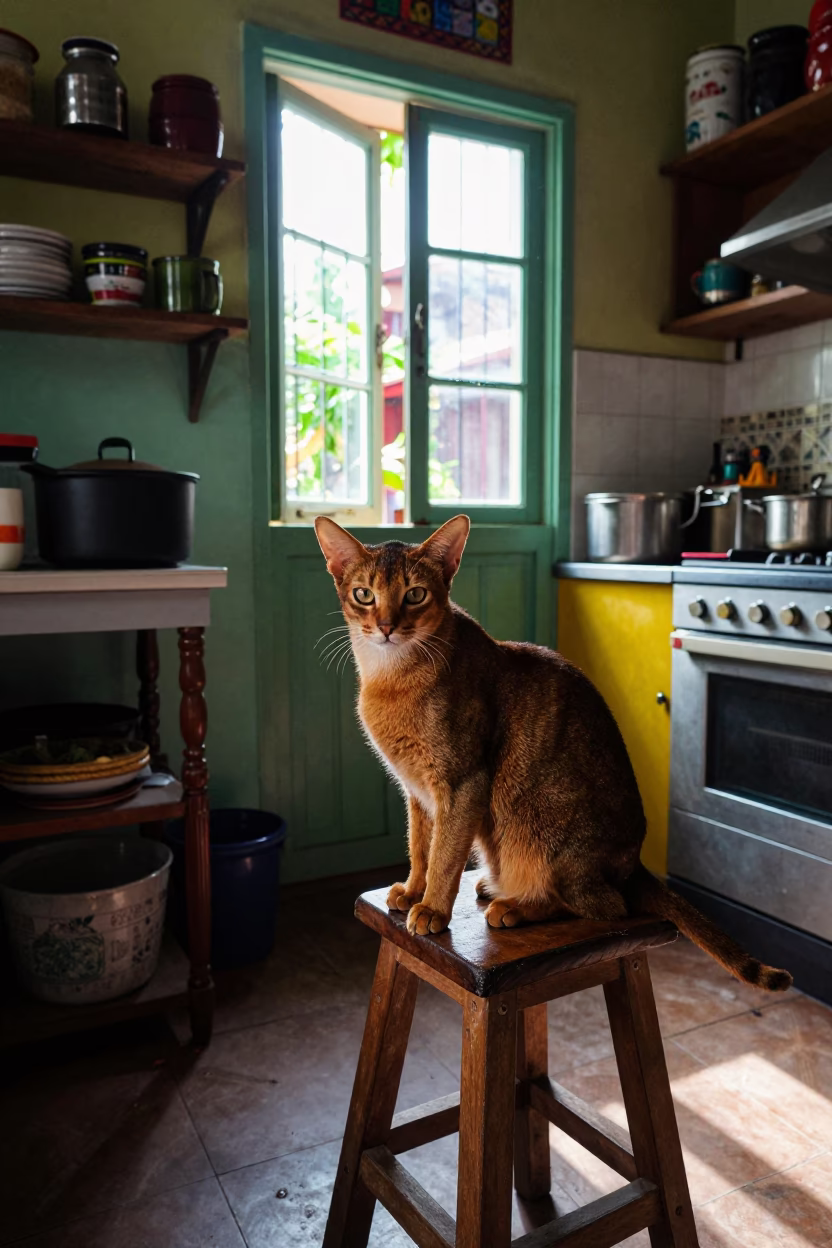 Colorful Indonesian Kitchen Scene with Abyssinian Cat and Traditional Cookware in Surabaya in in Surabaya, Indonesia
