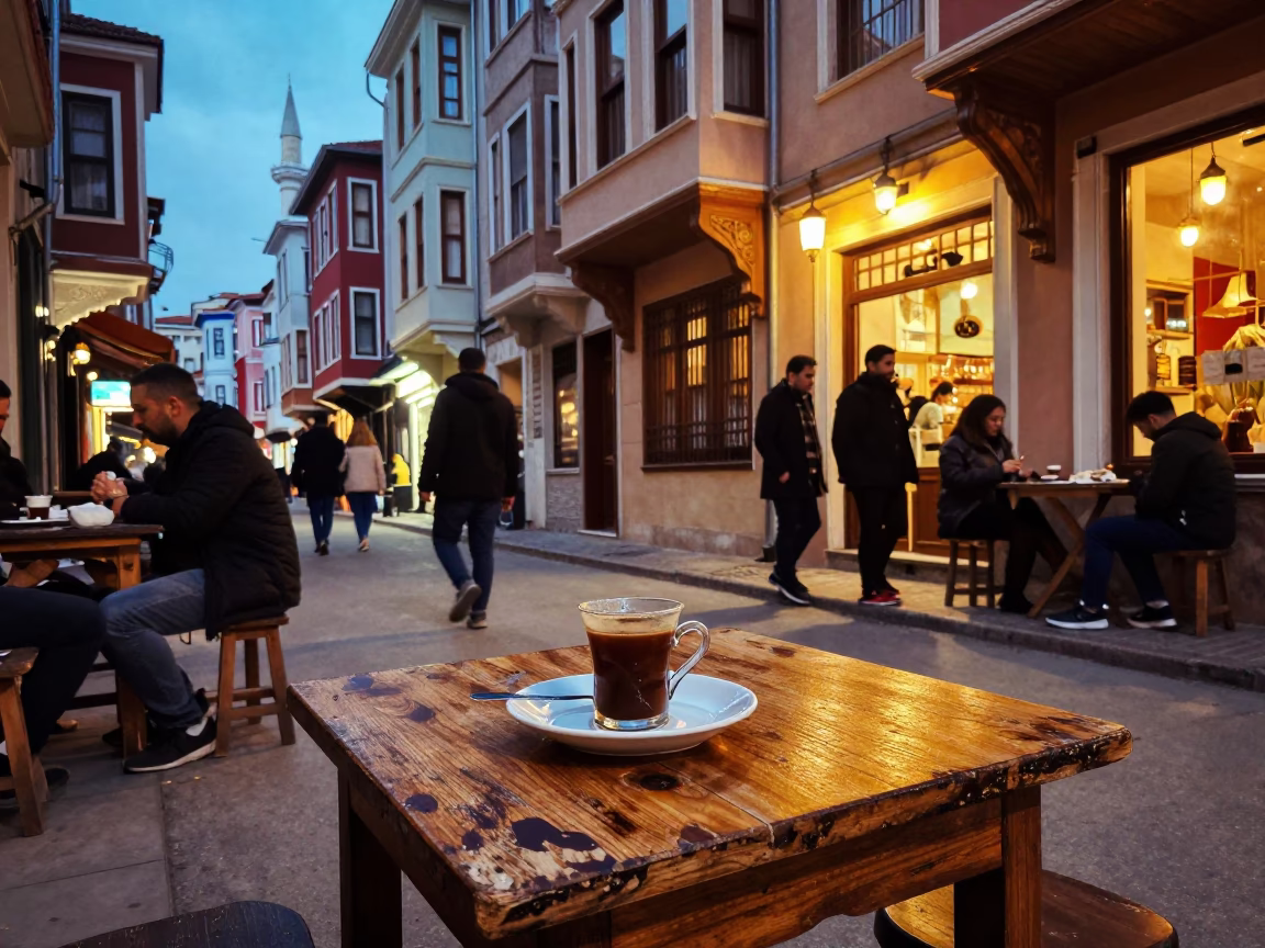 Colorful Istanbul Evening Street Scene with Traditional Turkish Coffee and Biltong Snack in in Istanbul, Turkey