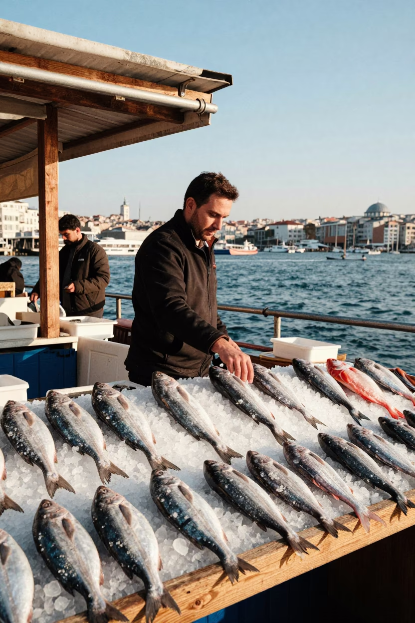 Colorful Istanbul Harbor Market Fishmonger Display in Clear Late Afternoon Light in in Istanbul, Turkey