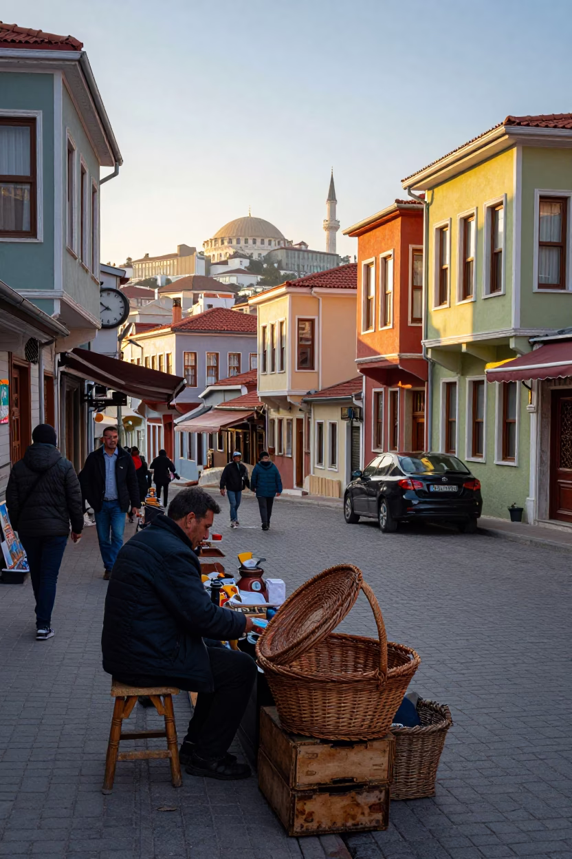 Colorful Istanbul Street Scene After Sunrise with Chess Clock and Wicker Hamper in in Istanbul, Turkey