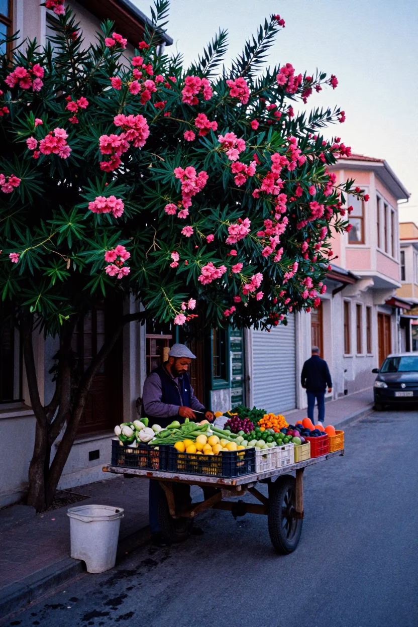 Colorful Istanbul Street Scene Before Sunrise with Oleander Hedge and Local Market Activity in in Istanbul, Turkey