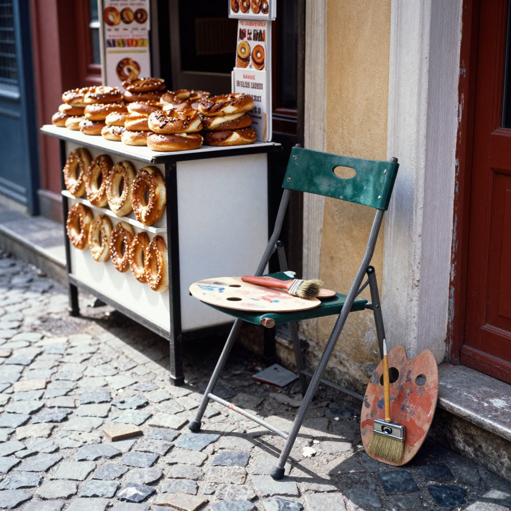 Colorful Istanbul Street Scene with Folding Chair and Brush Bristles in Early Afternoon Light in in Istanbul, Turkey