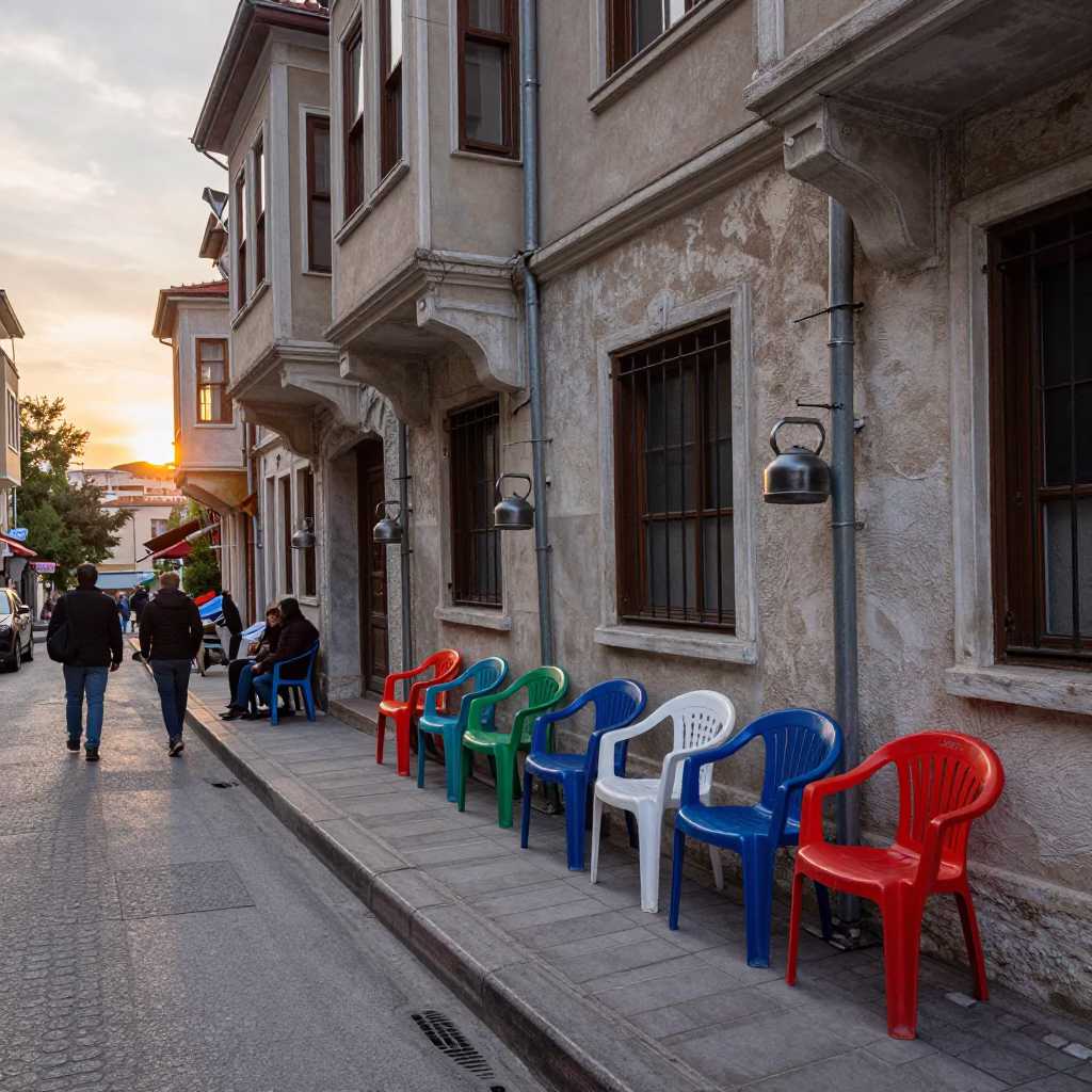 Colorful Istanbul Street Scene with Peg Rails and Kettle at Sunset in in Istanbul, Turkey