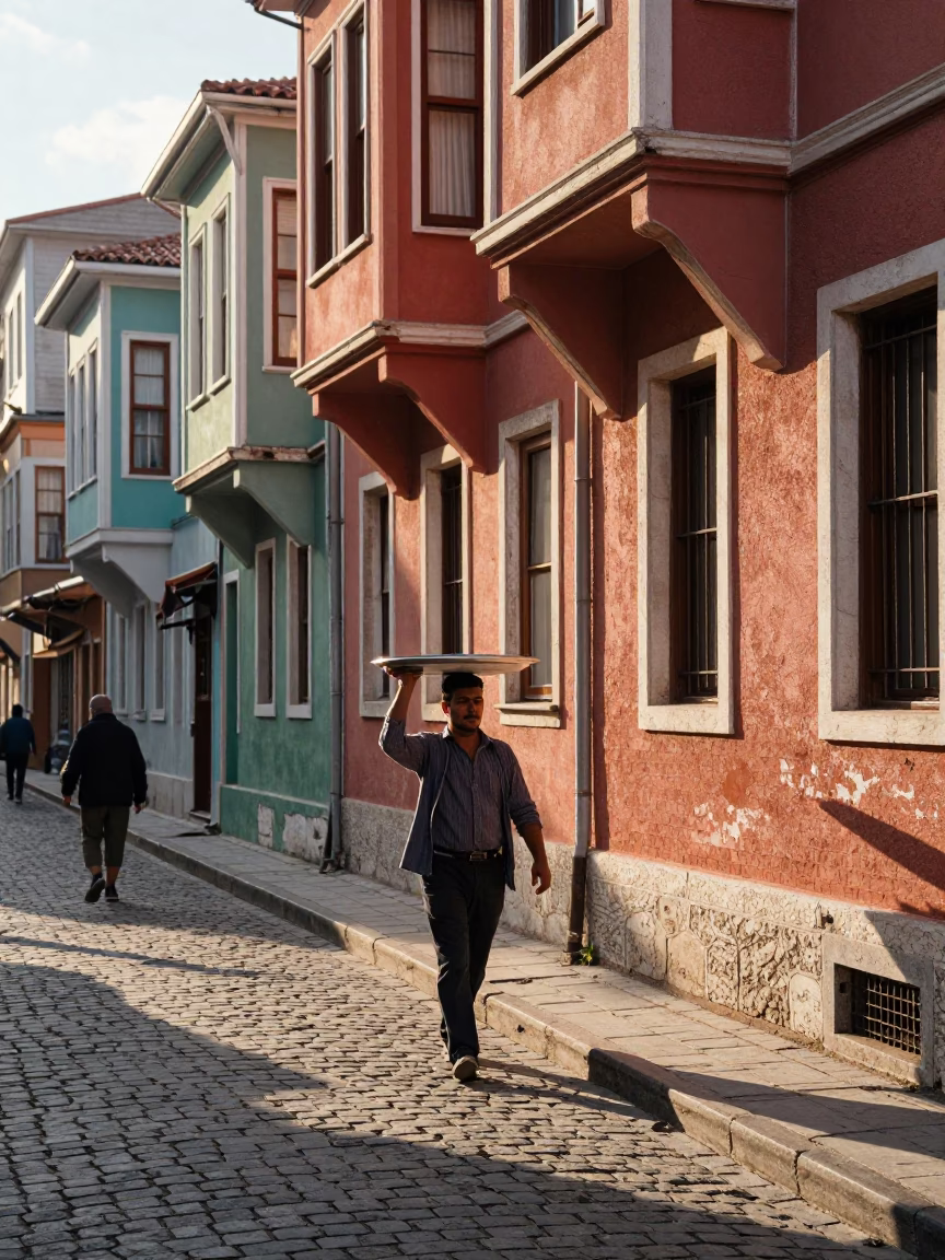 Colorful Istanbul Street Scene with Vintage 1980s Aesthetic and Morning Light in in Istanbul, Turkey