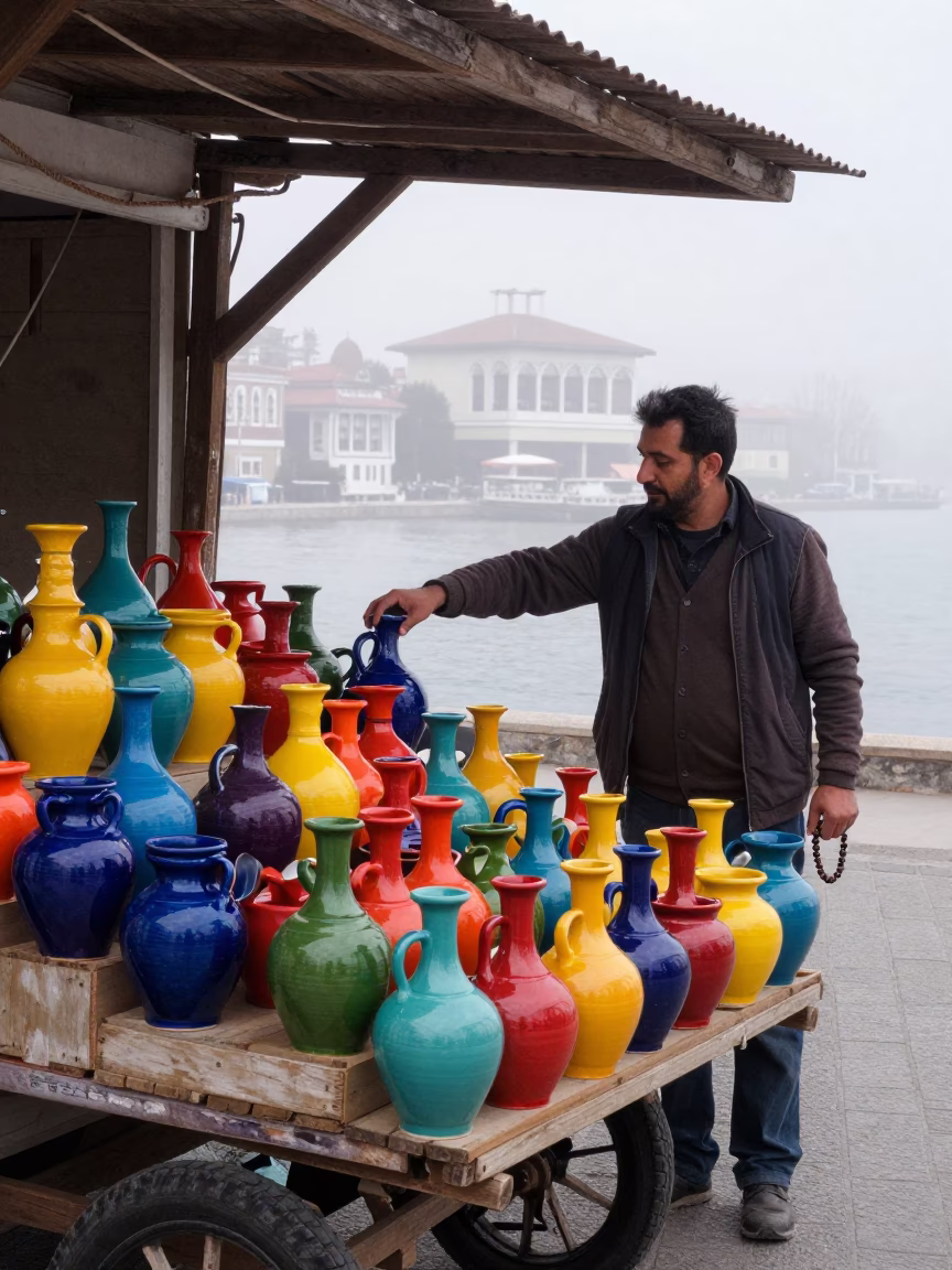 Colorful Izmir Market Stall at Misty Dawn with Prayer Beads in in Izmir, Turkey
