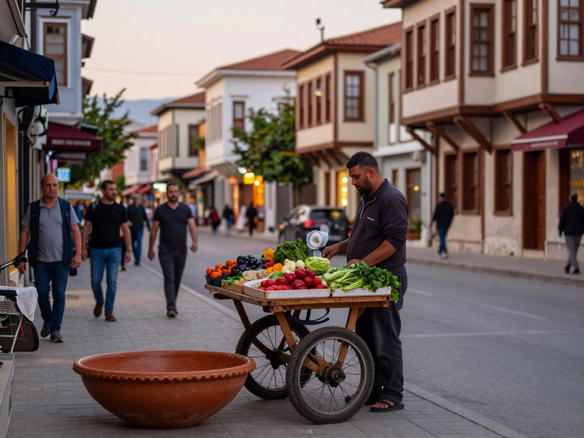Colorful Izmir Turkey Early Evening Street Scene with Terracotta Bowl and Urban Life in in Izmir, Turkey