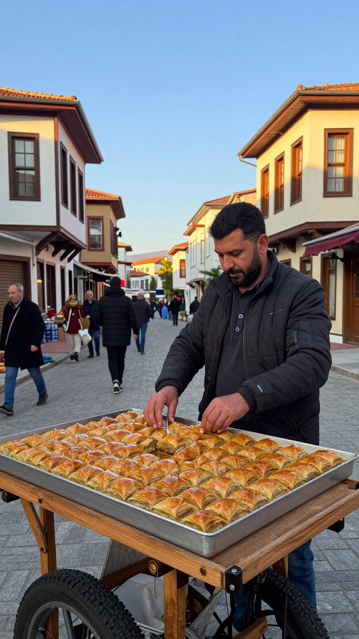 Colorful Izmir Turkey Late Afternoon Street Scene with Traditional Baklava Tray in in Izmir, Turkey