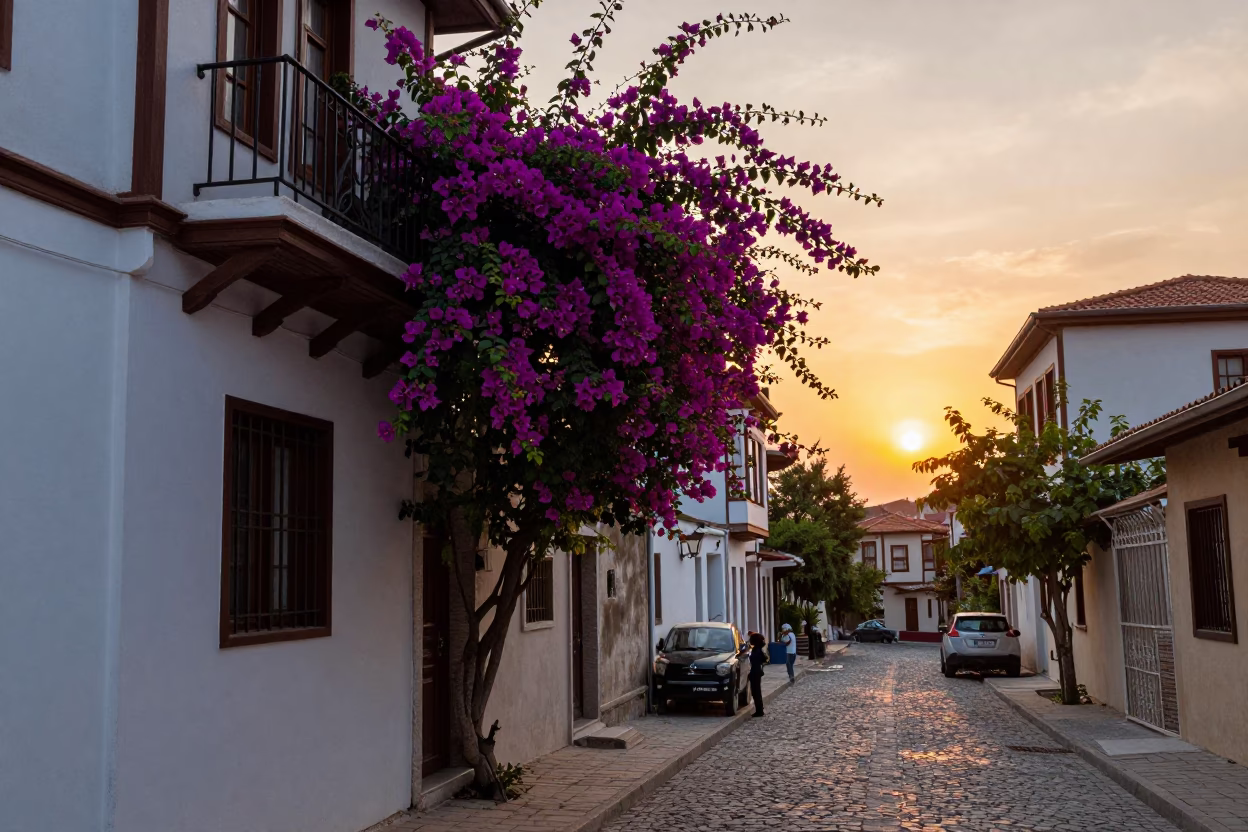 Colorful Izmir Turkey Street Scene at Sunset with Bougainvillea and Traditional Architecture in in Izmir, Turkey