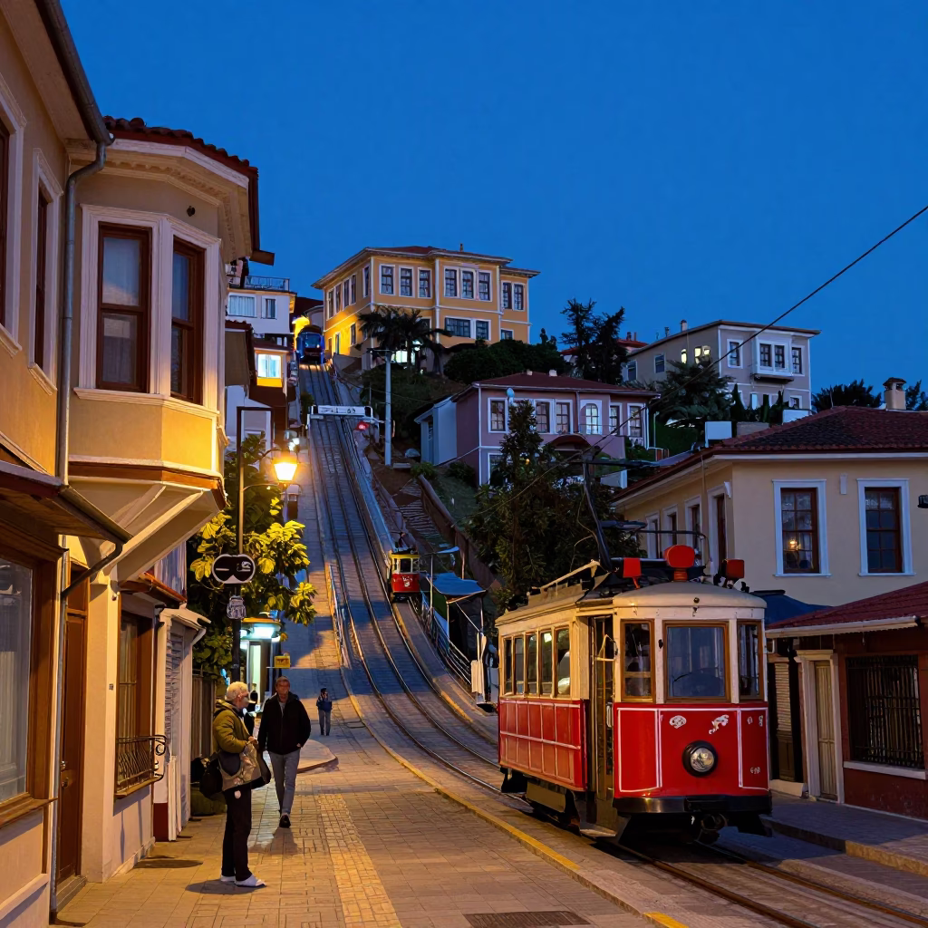 Colorful Izmir Turkey Street Scene Before Dawn with Funicular and Local Life in in Izmir, Turkey