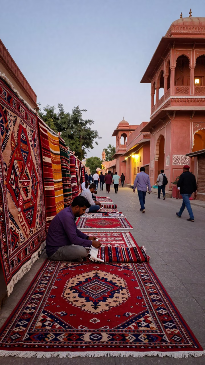 Colorful Jaipur Evening Street Scene with Patterned Textiles and Local Market Activity in in Jaipur, India