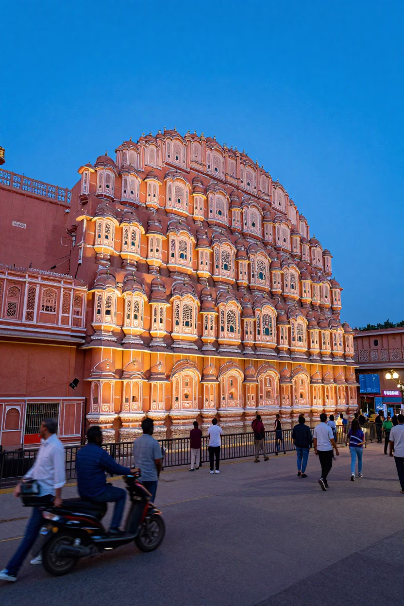 Colorful Jaipur Evening Street Scene with Pink Haveli Facades and Local Life in in Jaipur, India