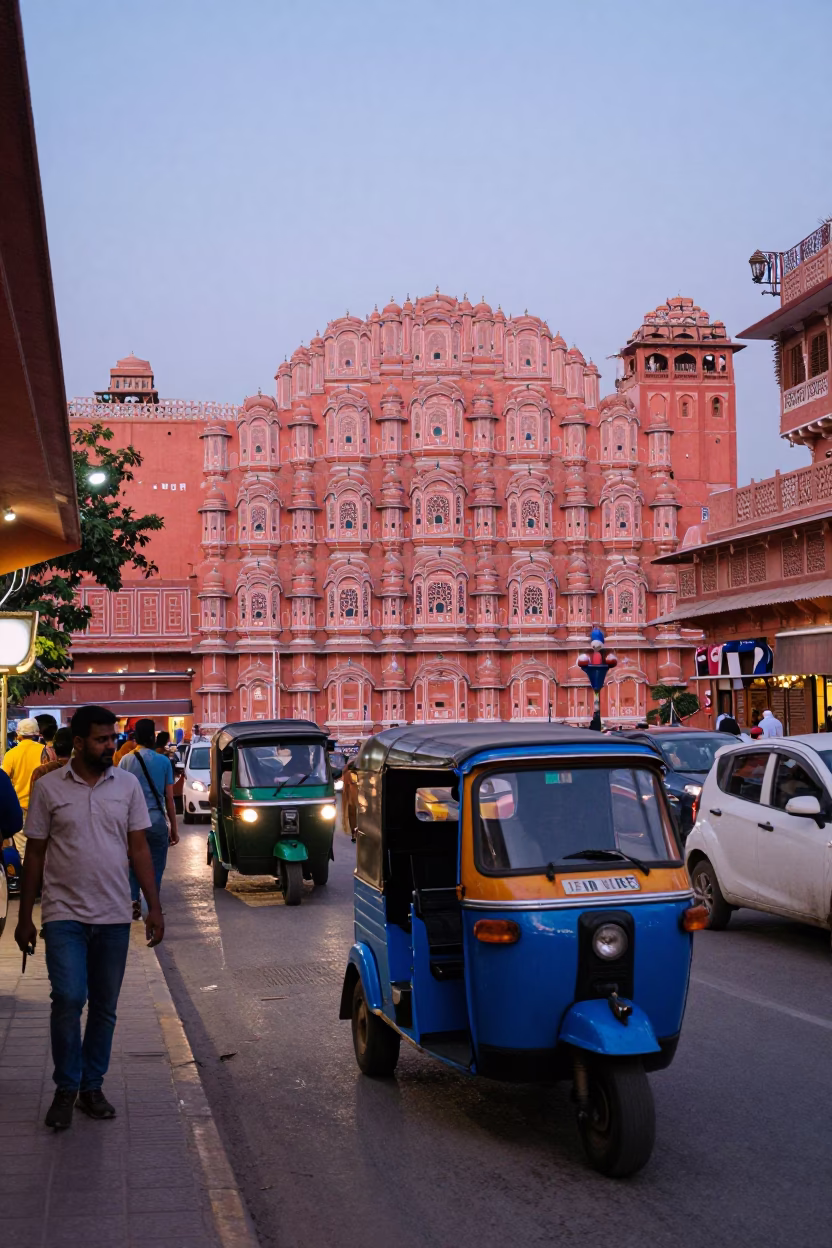 Colorful Jaipur Evening Street Scene with Tuk-Tuk and Local Life in in Jaipur, India