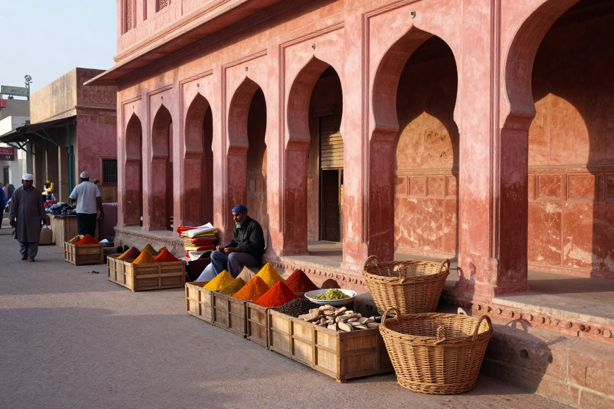 Colorful Jaipur Street Scene After Sunrise with Wicker Basket and Deadbolt Detail in in Jaipur, India