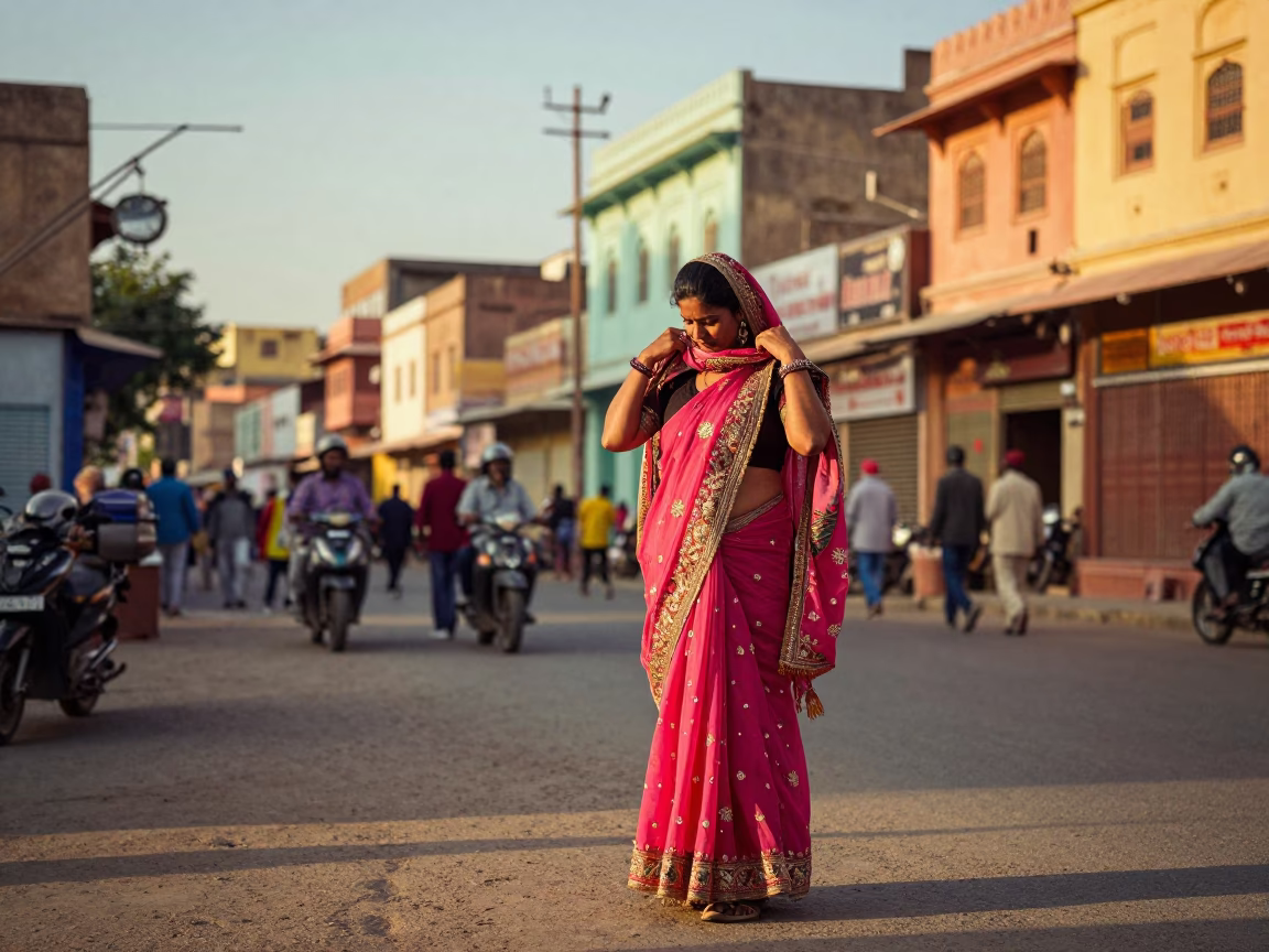 Colorful Jaipur Street Scene at Golden Hour with Traditional Attire and Local Market Activity in in Jaipur, India