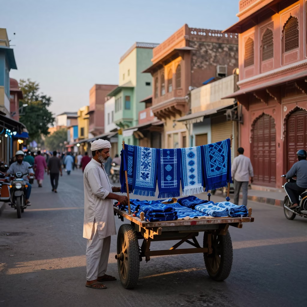 Colorful Jaipur Street Scene Early Evening with Indigo Fabric and Glass Bottles in in Jaipur, India