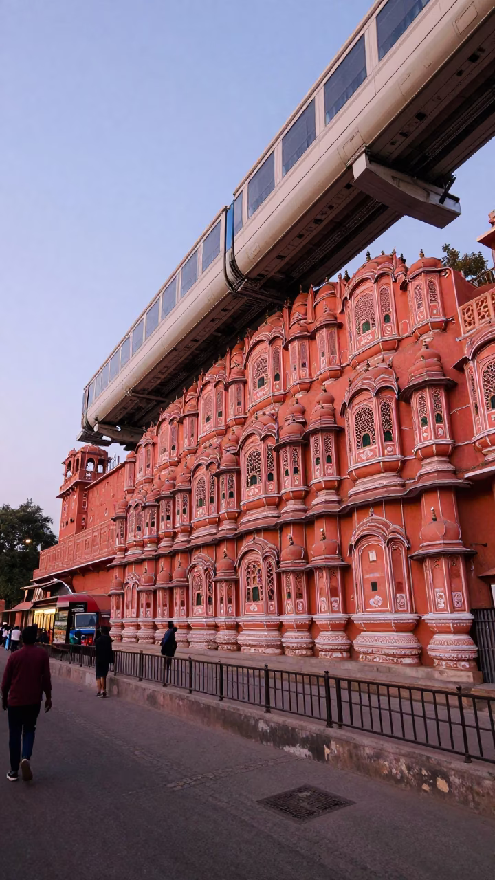 Colorful Jaipur Street Scene Early Evening with Monorail and Pink Sandstone Architecture in in Jaipur, India