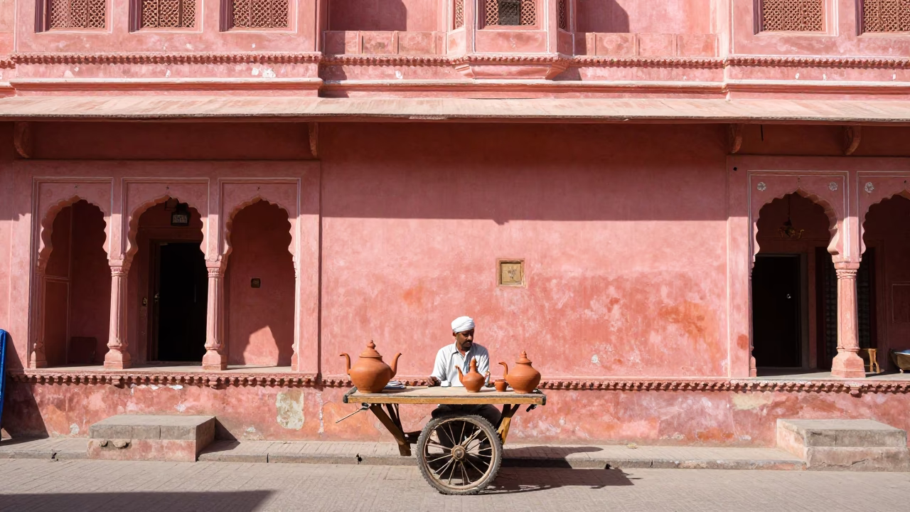 Colorful Jaipur Street Scene with Clay Teapot and Table Fan in Bright Midmorning Light in in Jaipur, India