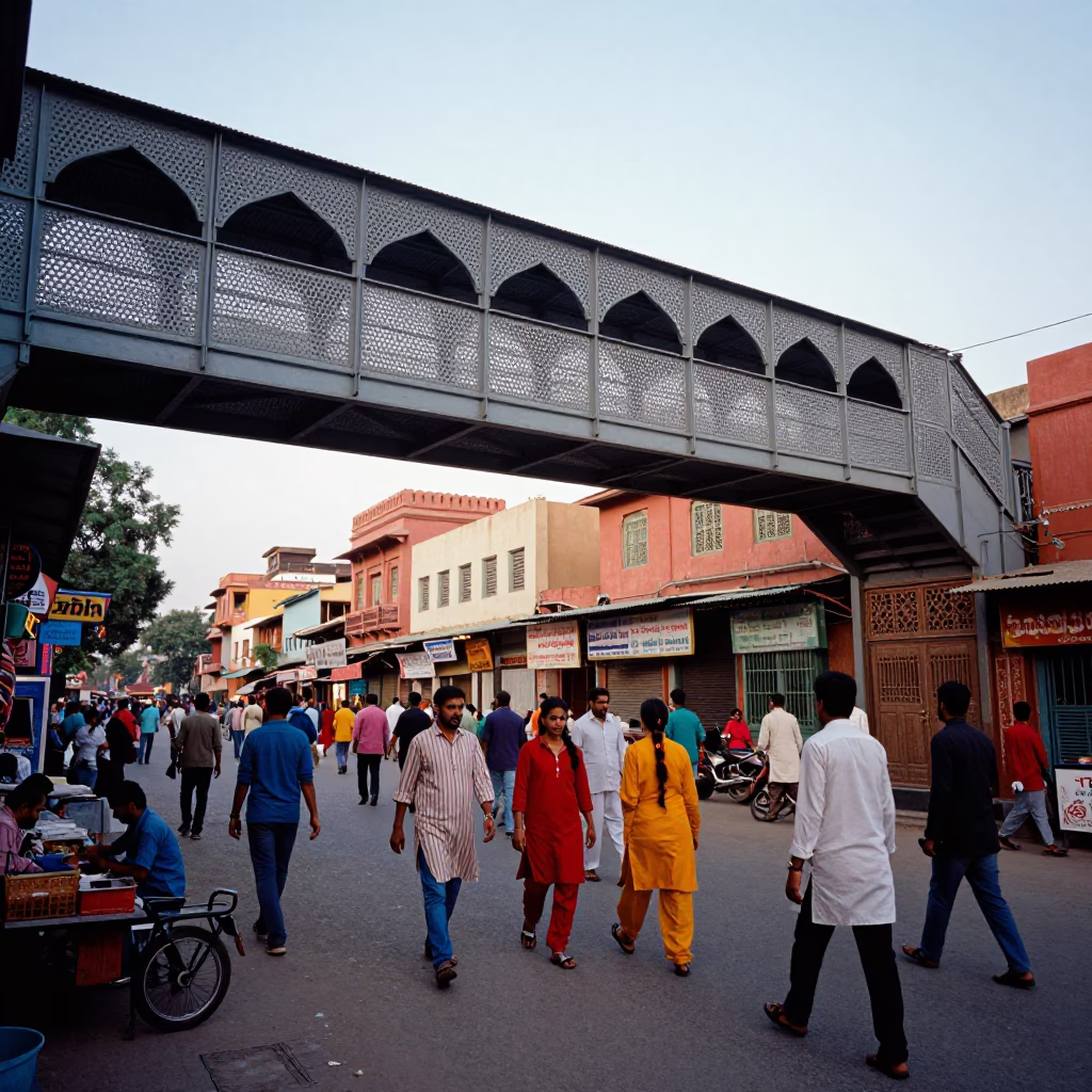 Colorful Jaipur Street Scene with Pedestrian Overpass and Local Market Activity in in Jaipur, India