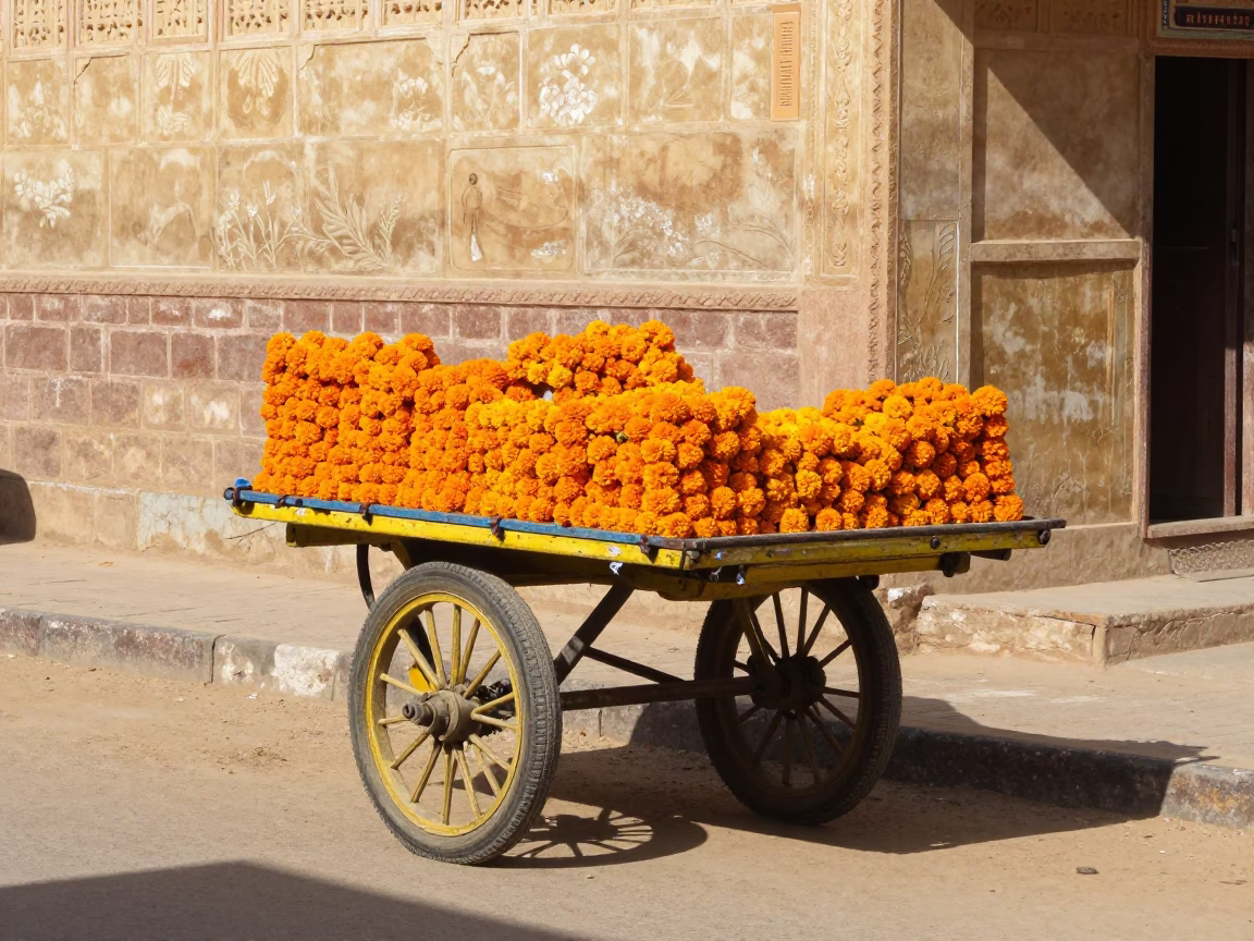 Colorful Jaipur Street Scene with Rolling Cart Under Flat Noon Light in in Jaipur, India