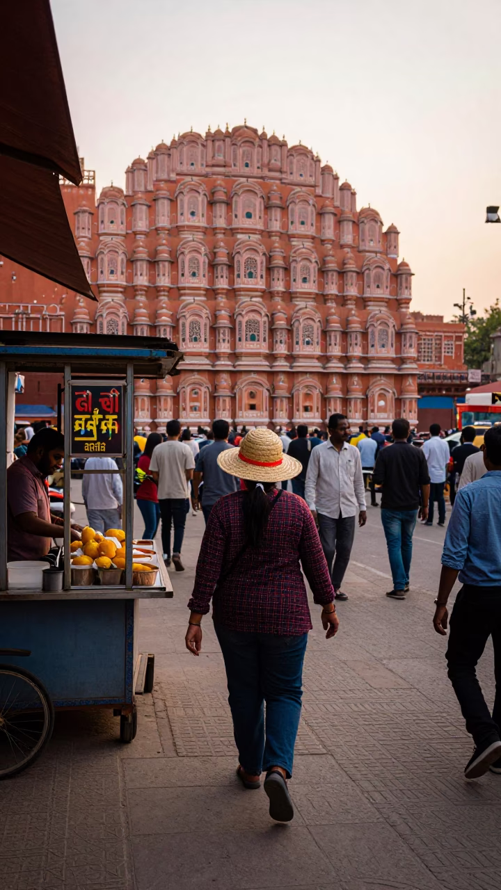 Colorful Jaipur Street Scene with Straw Hat and Busy Morning Traffic in in Jaipur, India