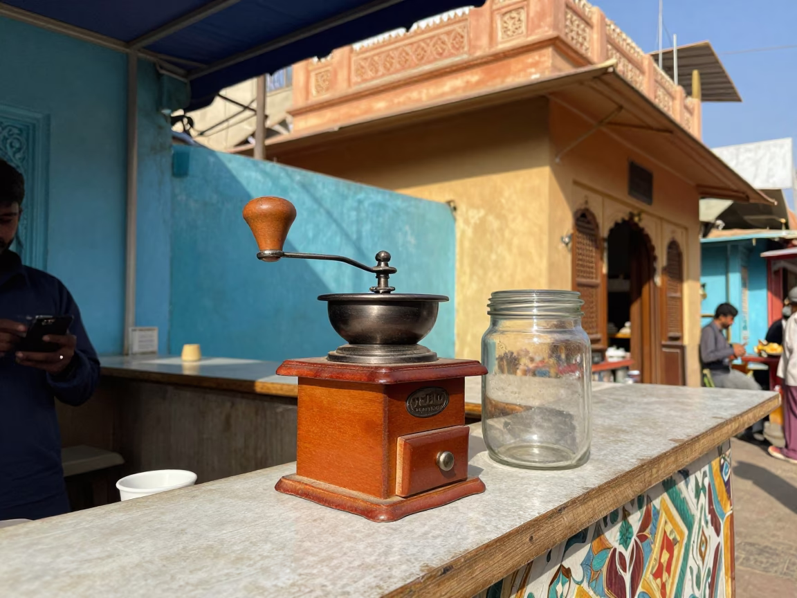 Colorful Jaipur Street Scene with Vintage Coffee Grinder and Jar on Cafe Counter in in Jaipur, India