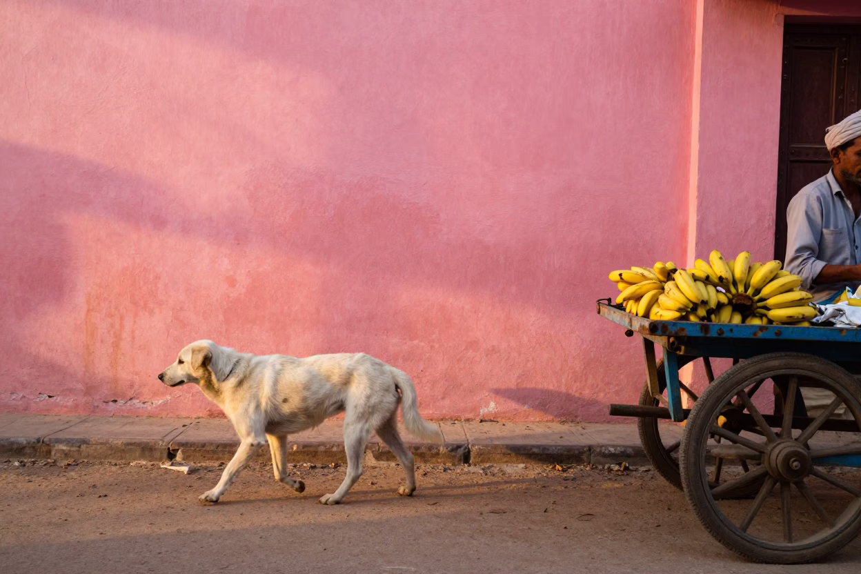 Colorful Jaipur street scene with white dog and vintage elements in honeyed evening light in in Jaipur, India