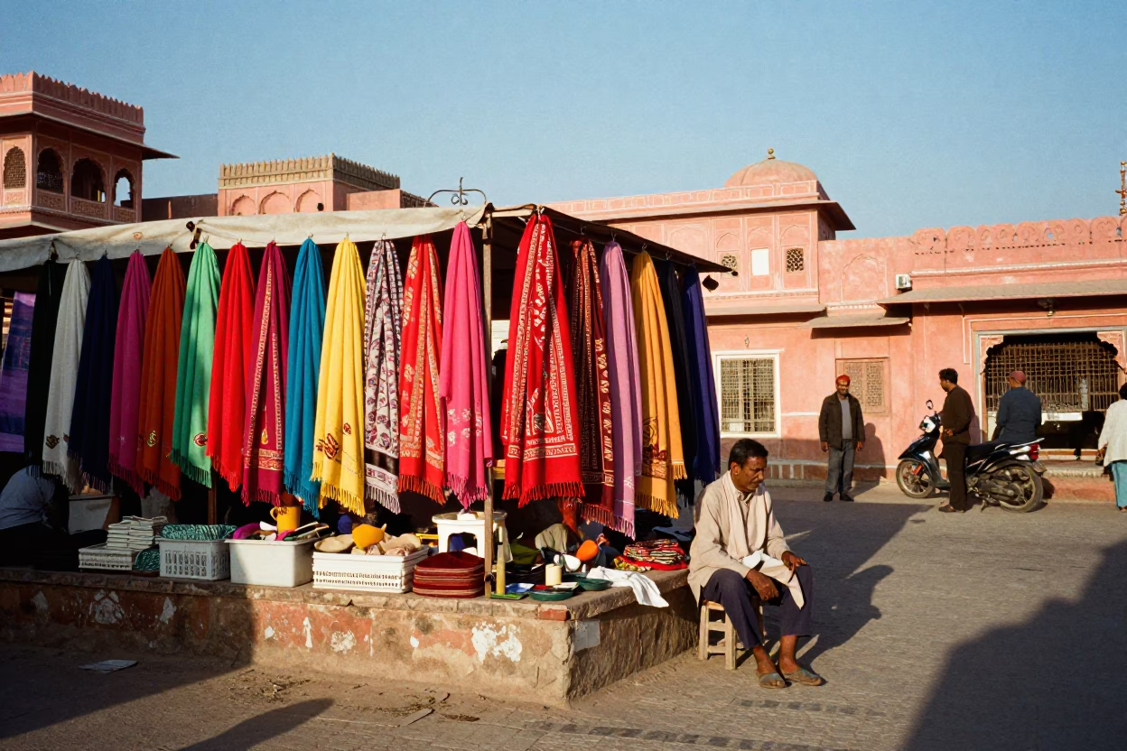 Colorful Jaipur Street Scene with Wool Scarves and Traditional Architecture in Late Afternoon in in Jaipur, India
