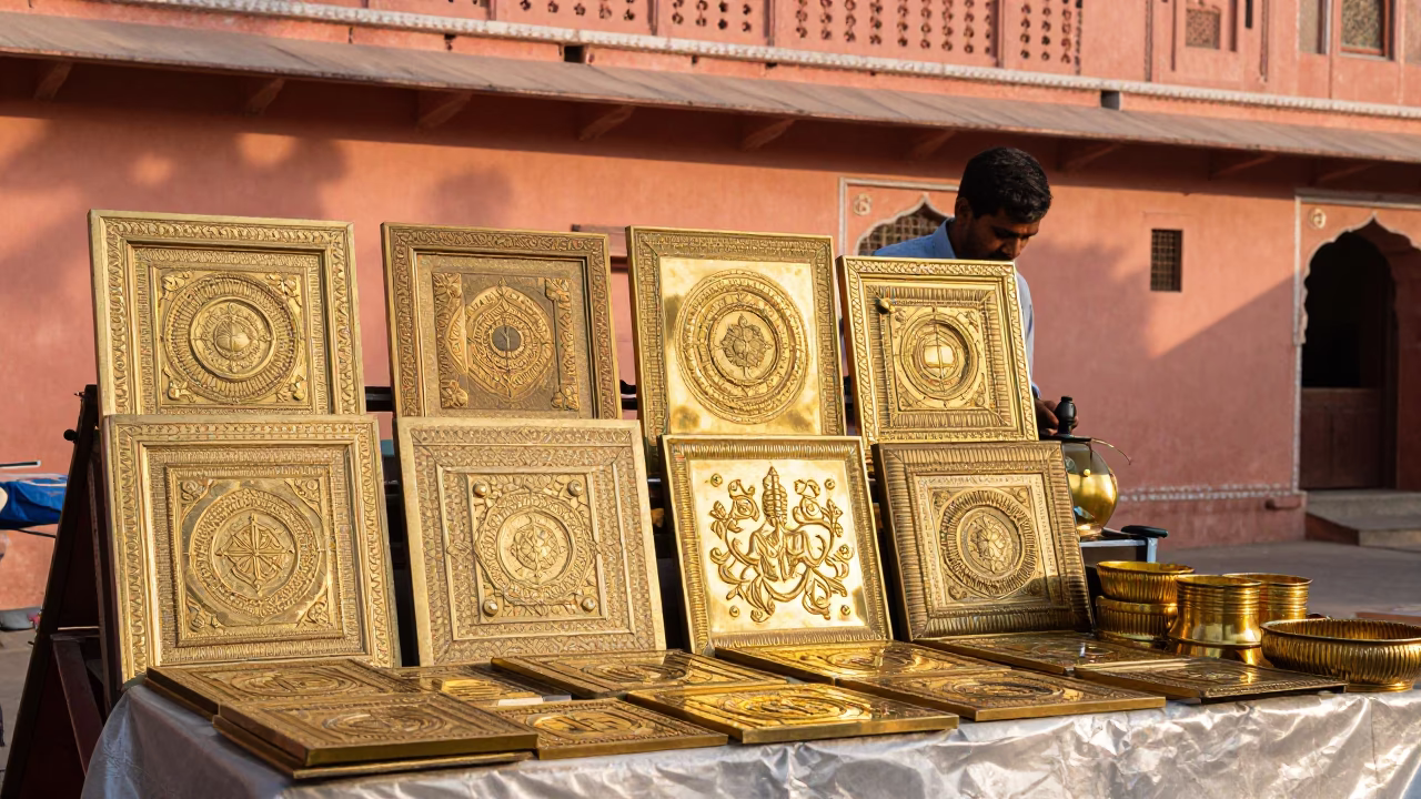 Colorful Jaipur Street Vendor Display with Polished Brass Tiles and Door Handles in in Jaipur, India