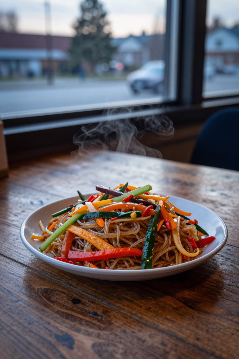 Colorful Japchae Plate on Wooden Table at Early Evening in Vancouver British Columbia Canada in in Vancouver, British Columbia, Canada