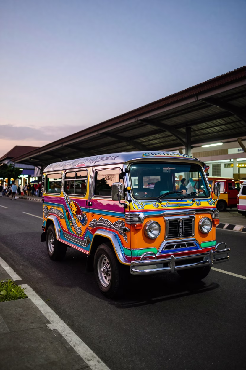 Colorful Jeepney with Chrome Art Leaving Station in Denpasar Indonesia at Twilight in in Denpasar, Indonesia