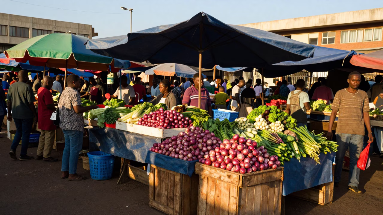 Colorful Johannesburg Street Market Stall in Late Afternoon Sunlight with Fresh Produce in in Johannesburg, South Africa
