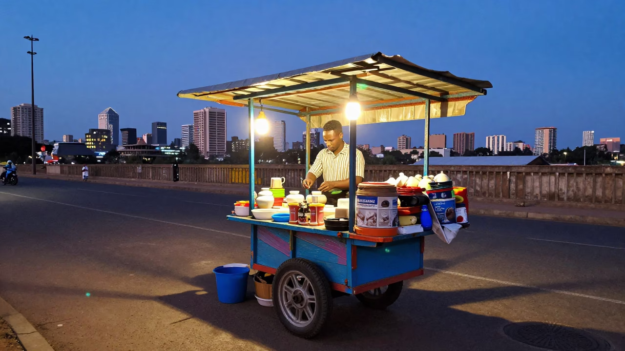 Colorful Johannesburg Street Stall Vendor Preparing Tea in Early Evening Light in in Johannesburg, South Africa