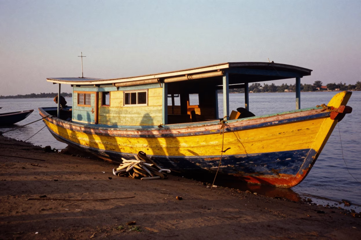 Colorful Junk Boat Harbor Scene in Phnom Penh Cambodia During Honeyed Evening Light in in Phnom Penh, Cambodia