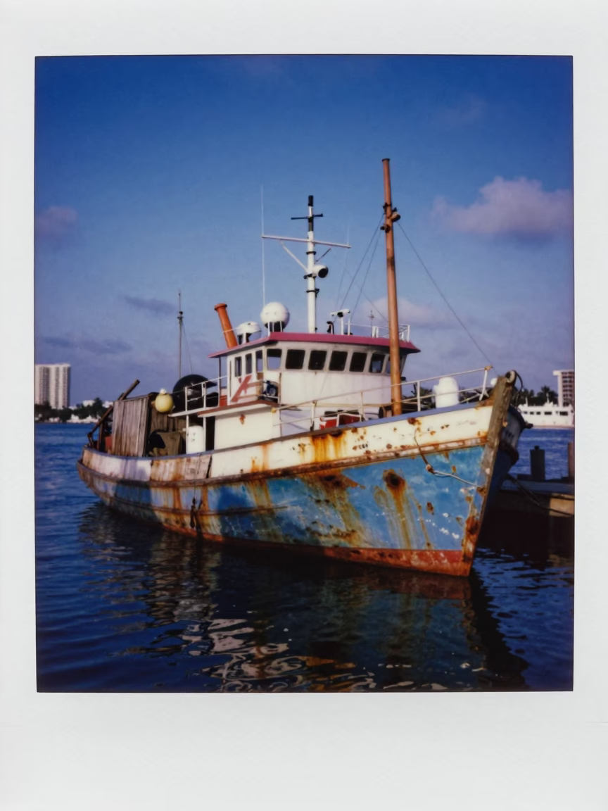 Colorful Junk Boat in Miami Harbor During Last Blue Light of Evening in in Miami, Florida, United States