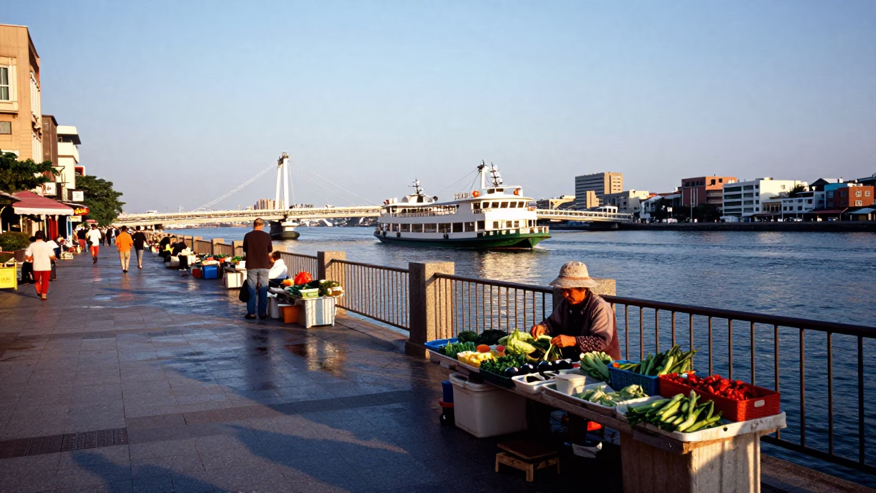 Colorful Kaohsiung Street Scene with Chain Ferry Crossing River in Late Afternoon Light in in Kaohsiung, Taiwan