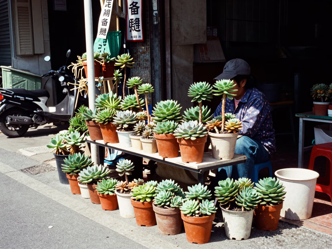 Colorful Kaohsiung street scene with echeveria plants and local vendors at midday in in Kaohsiung, Taiwan