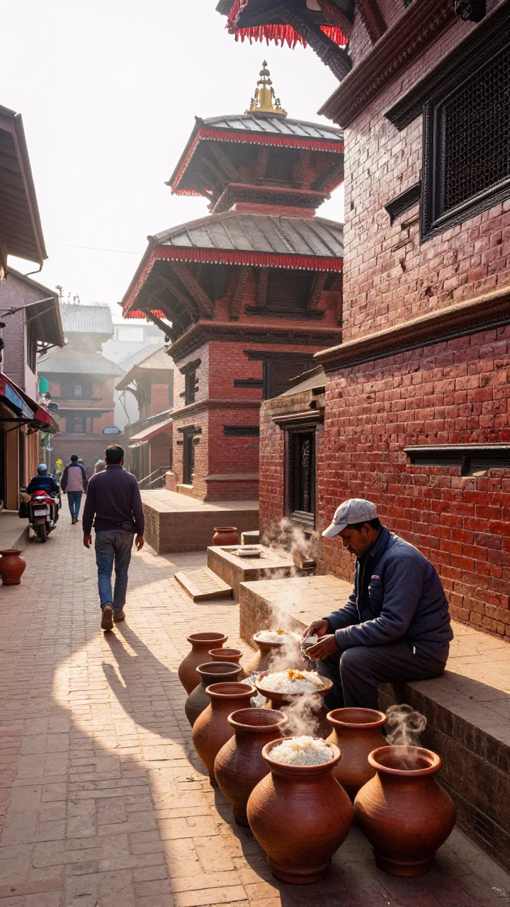 Colorful Kathmandu Morning Street Scene with Traditional Clay Pots and Local Market Activity in in Kathmandu, Nepal