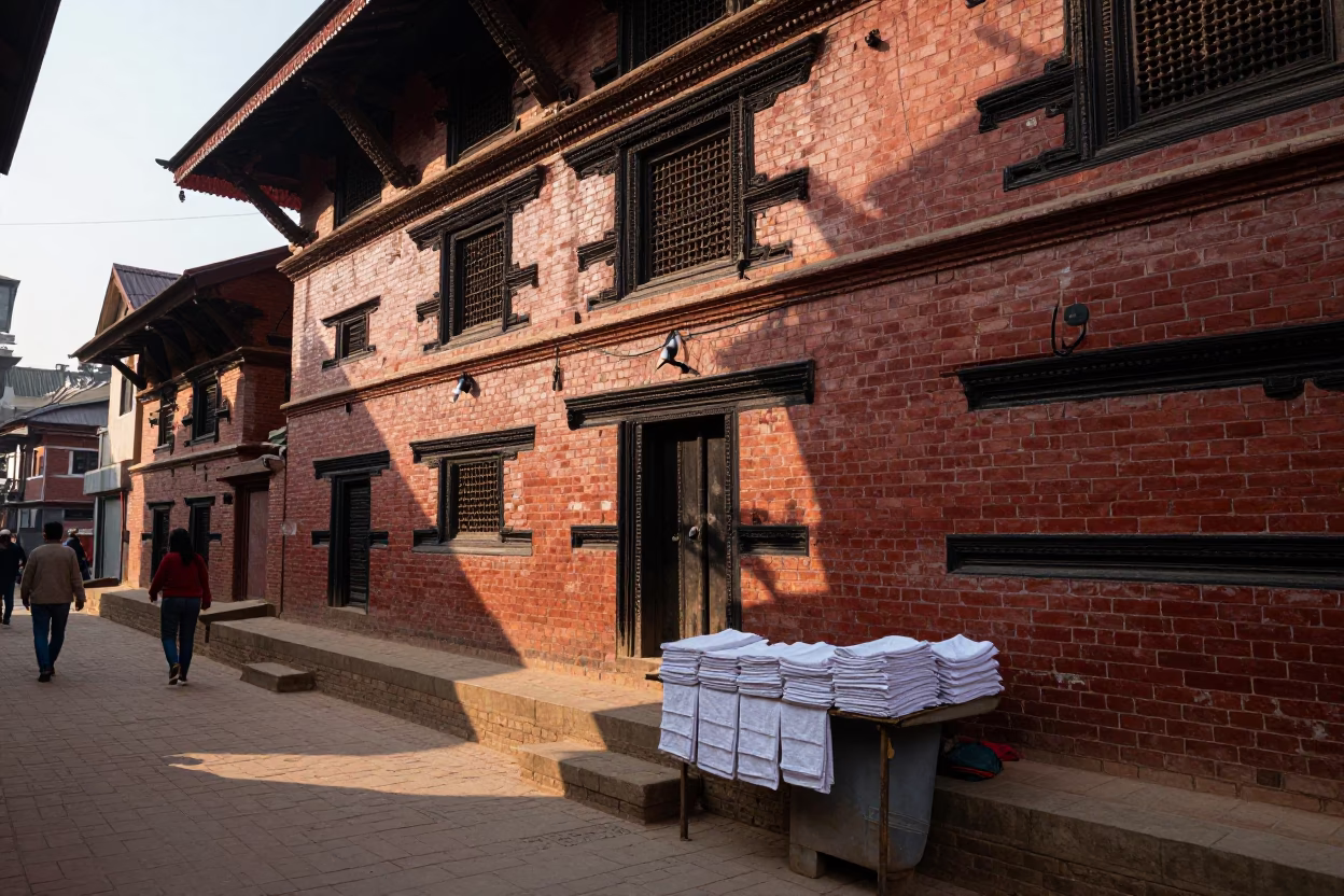 Colorful Kathmandu Street Scene Early Afternoon with Traditional Brick and Hand Towels in in Kathmandu, Nepal