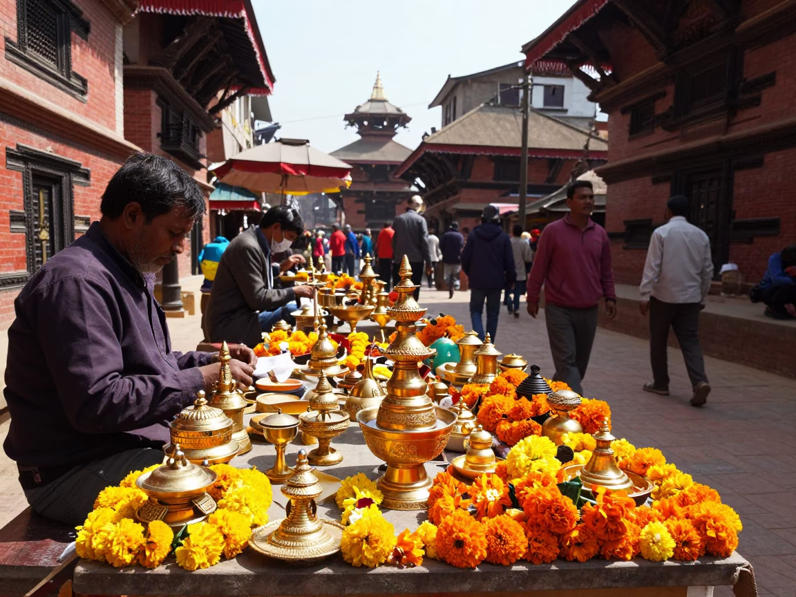 Colorful Kathmandu Street Scene Under Flat Noon Glare with Incense Holder in in Kathmandu, Nepal