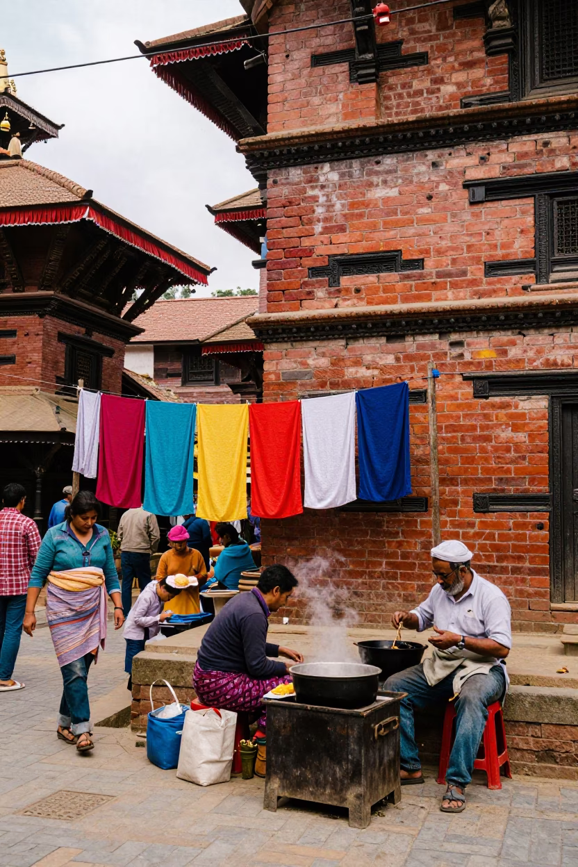 Colorful Kathmandu Street Scene with Drying Towels and Cooking Pot in in Kathmandu, Nepal