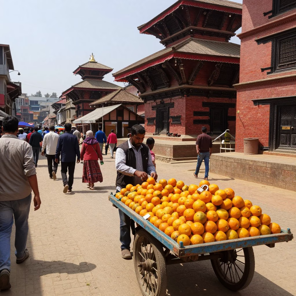 Colorful Kathmandu Street Scene with Oranges and Padlock Under Noon Sun in in Kathmandu, Nepal