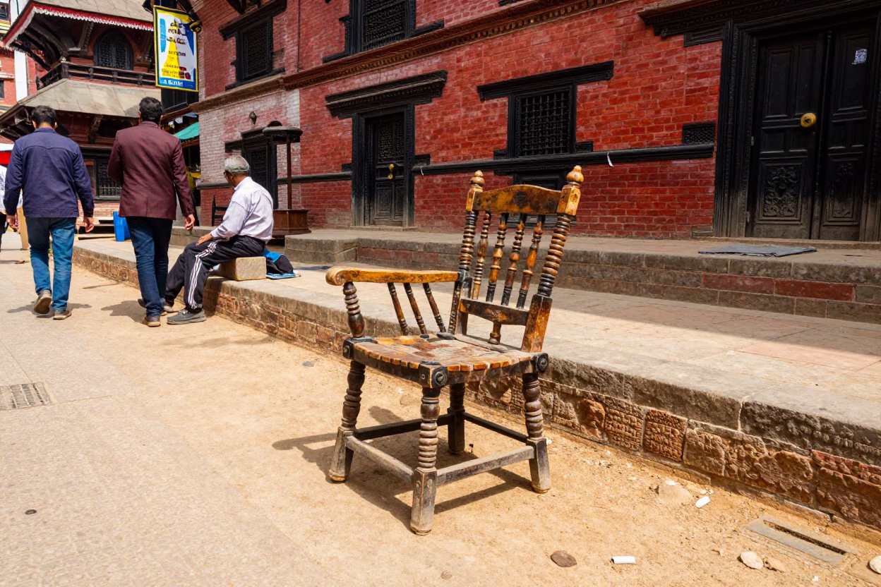 Colorful Kathmandu Street Scene with Spindle Chair and Vintage Car Rally in in Kathmandu, Nepal
