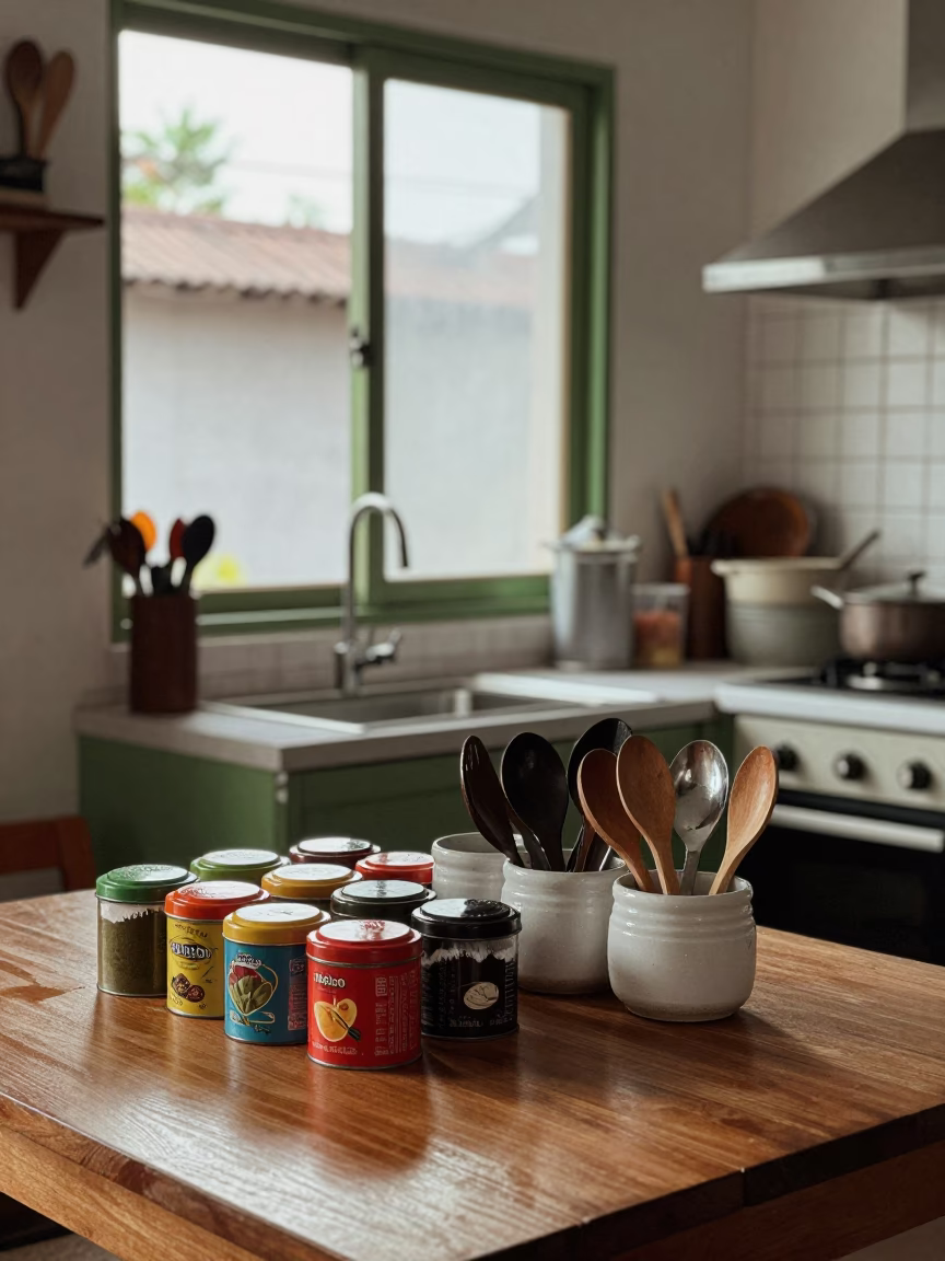 Colorful Kitchen Interior with Spices and Utensils in Surabaya Indonesia in in Surabaya, Indonesia