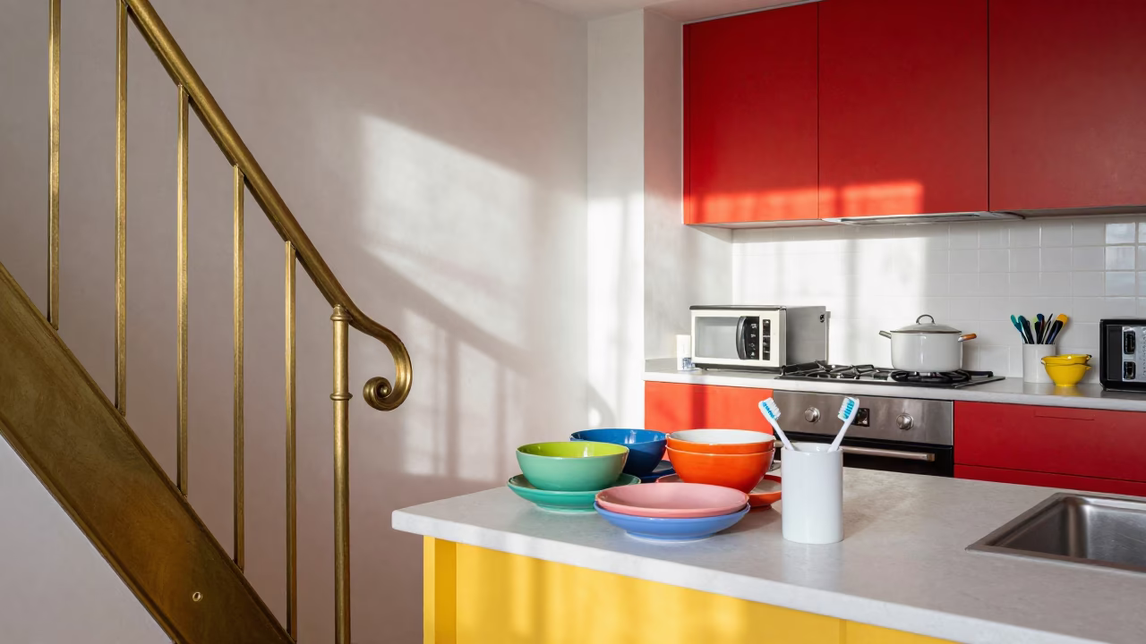 Colorful Kitchen Scene with Stair Rail and Serving Bowls in Edinburgh in in Edinburgh, United Kingdom