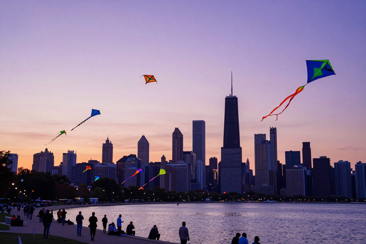 Colorful Kite Festival at Chicago Lakefront Sunset with City Skyline in in Chicago, Illinois, United States