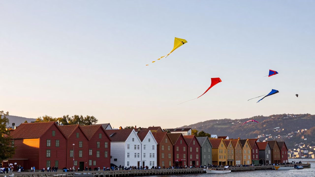 Colorful Kite Festival in Bergen Norway Just After Sunrise in in Bergen, Norway